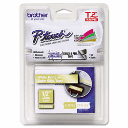 BRTTZEMQ835 TZ Standard Adhesive Laminated Labeling Tape, 1/2" x 16.4 ft., White/Gold By BROTHER INTL. CORP.