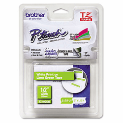 BRTTZEMQG35 TZ Standard Adhesive Laminated Labeling Tape, 1/2" x 16.4 ft., White/Lime Green By BROTHER INTL. CORP.