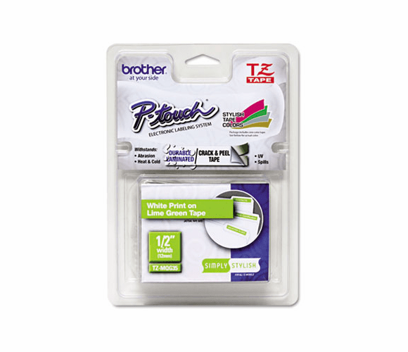 BRTTZEMQG35 TZ Standard Adhesive Laminated Labeling Tape, 1/2" x 16.4 ft., White/Lime Green By BROTHER INTL. CORP.