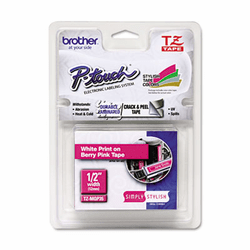 BRTTZEMQP35 TZ Standard Adhesive Laminated Labeling Tape, 1/2" x 16.4 ft., White/Berry Pink By BROTHER INTL. CORP.