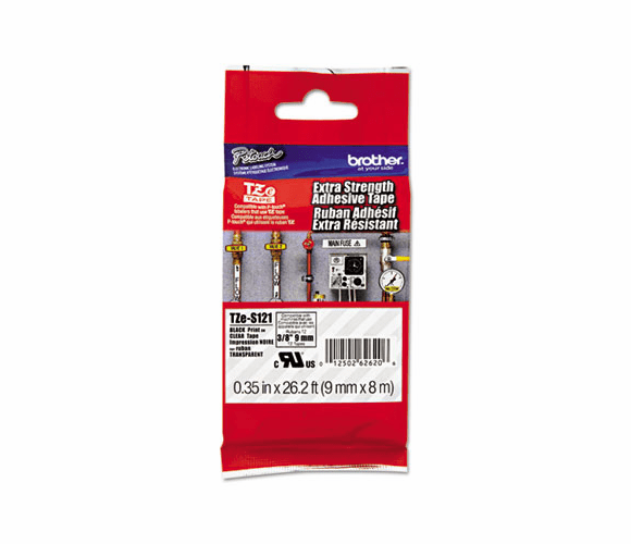 BRTTZES121 TZe Extra-Strength Adhesive Laminated Labeling Tape, 3/8w, Black on Clear By BROTHER INTL. CORP.