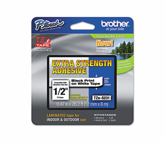 BRTTZES231 TZe Extra-Strength Adhesive Laminated Labeling Tape, 1/2w, Black on White By BROTHER INTL. CORP.