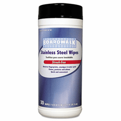 BWK347W Stainless Steel Wipes, 8 x 7, 30 Wipe Canister, 12 per Carton By BOARDWALK
