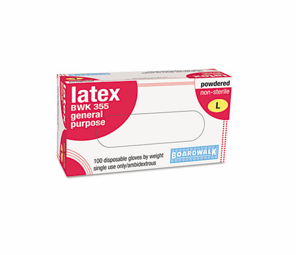 BWK355L Disposable General-Purpose Natural Rubber Latex Gloves, Powdered, Large, 100/Box By BOARDWALK