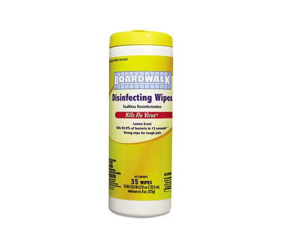 BWK355W35 Disinfecting Wipes, 8 x 7, Lemon Scent, 35 per Canister, 12 per Carton By BOARDWALK