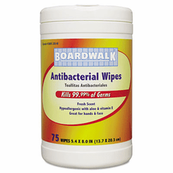 BWK358W Antibacterial Wipes, 8 x 5 2/5, Fresh Scent, 75 per Canister, 6 per Carton By BOARDWALK
