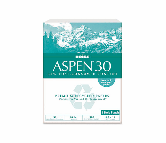 CAS054901P ASPEN 30% Recycled Office Paper, 3-Hole, 92 Bright, 20lb, Ltr, White, 5000/Ctn By CASCADES