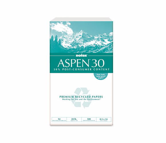 CAS054904 ASPEN 30% Recycled Office Paper, 92 Bright, 20lb, 8-1/2 x 14, 5000/Carton By CASCADES