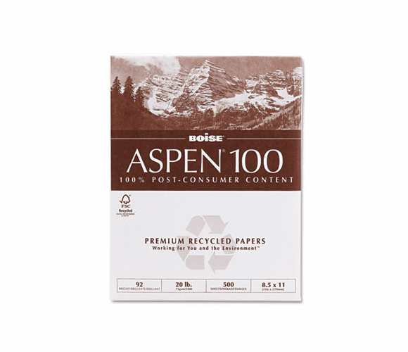 CAS054922 ASPEN 100% Recycled Office Paper, 92 Bright, 20lb, 8-1/2 x 11, White, 5000/Ctn By CASCADES