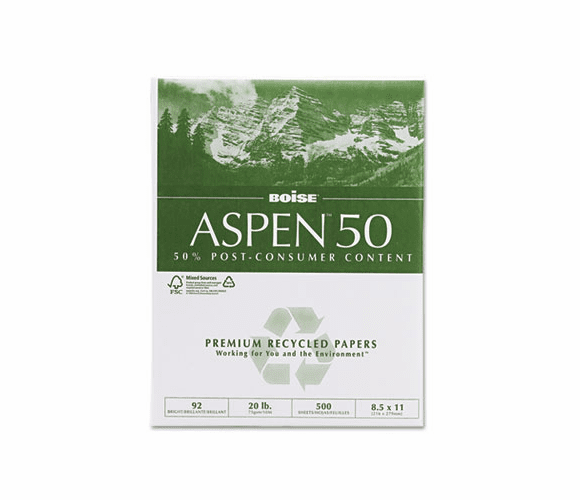 CAS055011 ASPEN 50% Recycled Office Paper, 92 Bright, 20lb, 8-1/2 x 11, White, 5000/CT By CASCADES