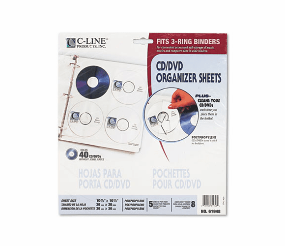 CLI61948 Deluxe CD Ring Binder Storage Pages, Standard, Stores 8 CDs, 5/PK By C-LINE PRODUCTS, INC