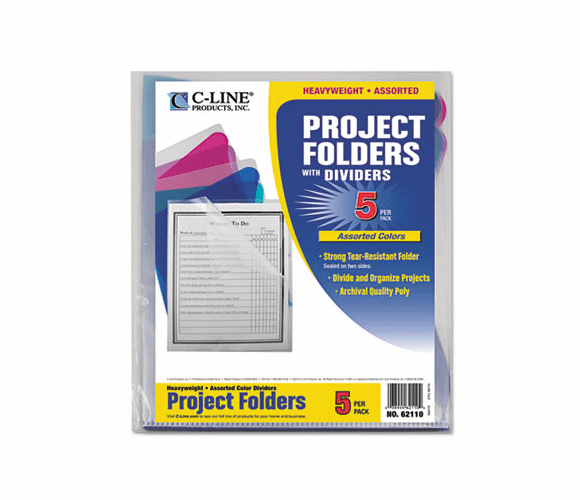 CLI62110 Project Folders with Dividers, Letter, 1/3 Tab, Clear/Colored, 5/PK By C-LINE PRODUCTS, INC