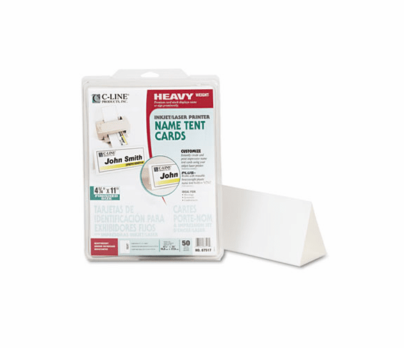 CLI87517 Printer-Ready Name Tent Cards, 4-1/4 x 11, White Cardstock, 50 Letter Sheets/Box By C-LINE PRODUCTS, INC