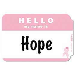 CLI92244 Pressue Sensitive Badges, Pink Ribbon, Hello My Name Is, 3-1/2 x 2-1/4, 75/BX By C-LINE PRODUCTS, INC