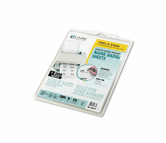 CLI92377 Self-Adhesive Inkjet/Laser Printer Name Badges, 3-3/8 x 2-1/3, White, 200/Box By C-LINE PRODUCTS, INC