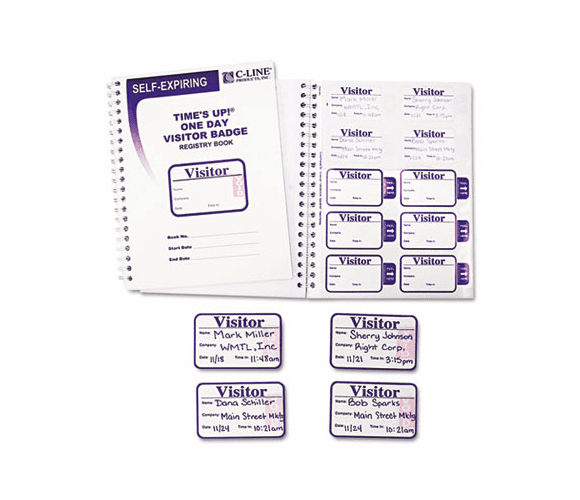 CLI97009 Time's Up Self-Expiring Visitor Badges w/Registry Log, 2 x 3, White, 150/Box By C-LINE PRODUCTS, INC