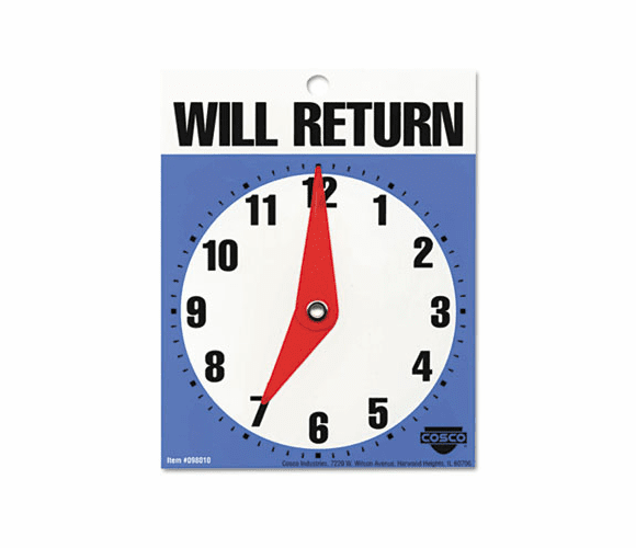 COS098010 Will Return Later Sign, 5" x 6", Blue By CONSOLIDATED STAMP