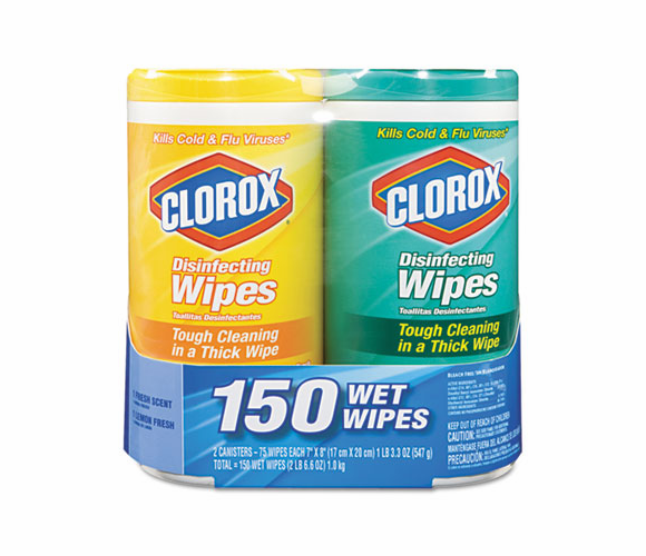 COX01599 Disinfecting Wipes, 7 x 8, Lemon and Fresh, 75 Wipes/Canister, 2/Pack By CLOROX SALES CO.