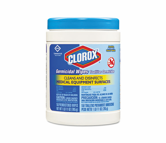 COX30577 Germicidal Wipes, 6 x 5, White, 150/Canister By CLOROX SALES CO.