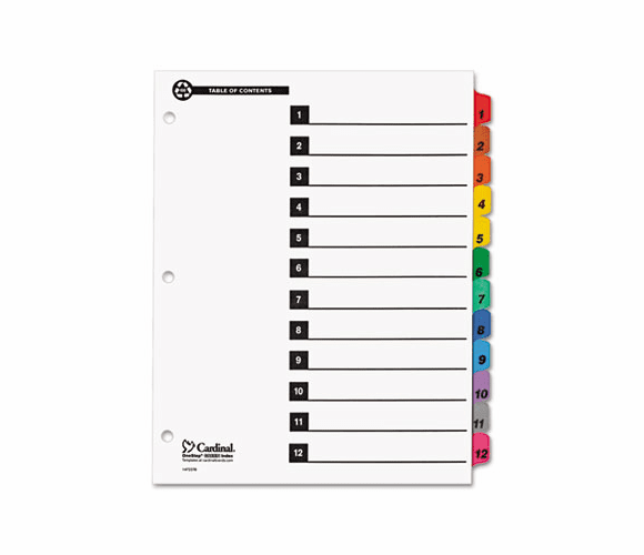 CRD71218 100% Recycled OneStep Index System, Multicolor 12-Tab, 11 x 8-1/2, 1 Set By CARDINAL BRANDS INC.