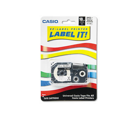 CSOXR118BKS Label Printer Iron-On Transfer Tape, 18mm, Black on White By CASIO, INC.