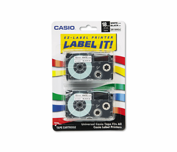 CSOXR18WE2S Tape Cassettes for KL Label Makers, 18mm x 26ft, Black on White, 2/Pack By CASIO, INC.