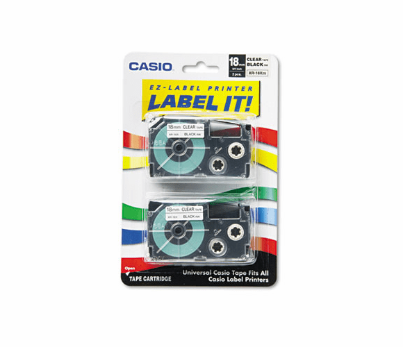 CSOXR18X2S Tape Cassettes for KL Label Makers, 18mm x 26ft, Black on Clear, 2/Pack By CASIO, INC.