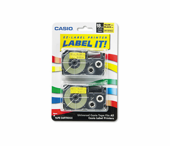 CSOXR18YW2S Tape Cassettes for KL Label Makers, 18mm x 26ft, Black on Yellow, 2/Pack By CASIO, INC.