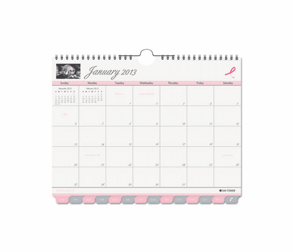 DTM112591301 Pink Ribbon Tabbed Monthly Wall Calendar, 11 x 8-1/2, 2013 By DAYTIMER'S INC.