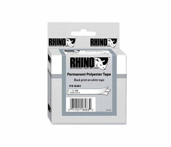 DYM18484 Rhino Permanent Poly Industrial Label Tape Cassette, 3/4in x 18ft, White By DYMO