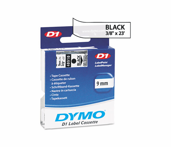 DYM40910 D1 Standard Tape Cartridge for Dymo Label Makers, 3/8in x 23ft, Black on Clear By DYMO
