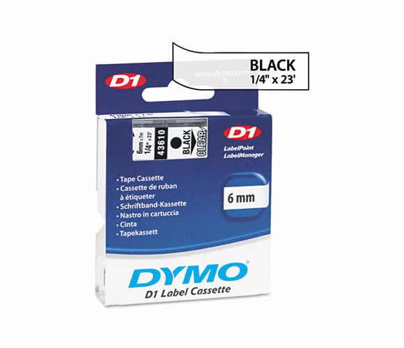 DYM43610 D1 Standard Tape Cartridge for Dymo Label Makers, 1/4in x 23ft, Black on Clear By DYMO