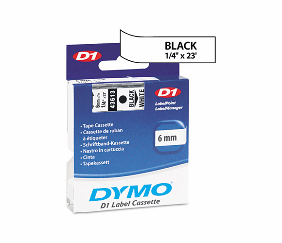 DYM43613 D1 Standard Tape Cartridge for Dymo Label Makers, 1/4in x 23ft, Black on White By DYMO