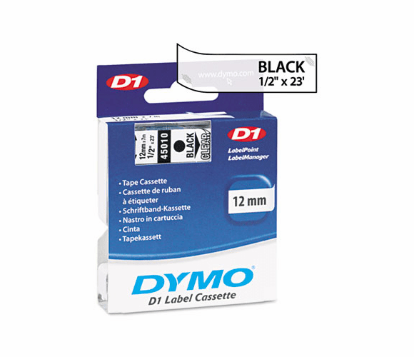 DYM45010 D1 Standard Tape Cartridge for Dymo Label Makers, 1/2in x 23ft, Black on Clear By DYMO