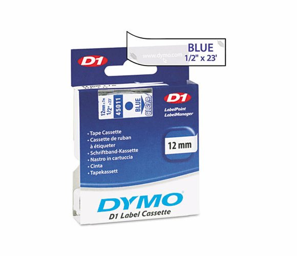 DYM45011 D1 Standard Tape Cartridge for Dymo Label Makers, 1/2in x 23ft, Blue on Clear By DYMO