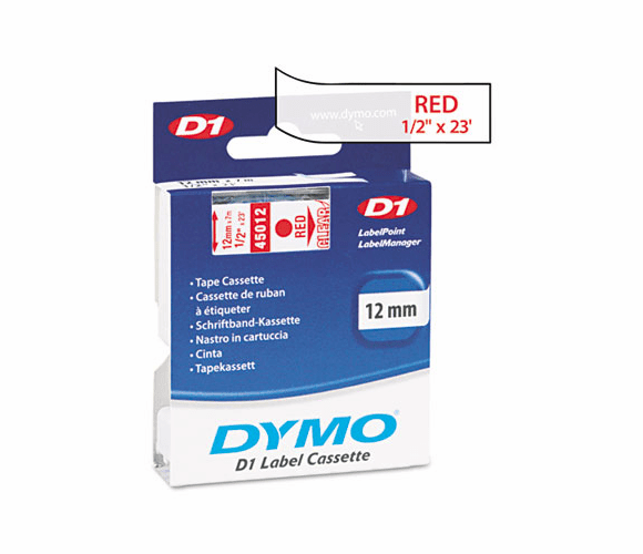 DYM45012 D1 Standard Tape Cartridge for Dymo Label Makers, 1/2in x 23ft, Red on Clear By DYMO