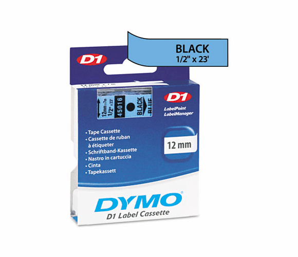 DYM45016 D1 Standard Tape Cartridge for Dymo Label Makers, 1/2in x 23ft, Black on Blue By DYMO