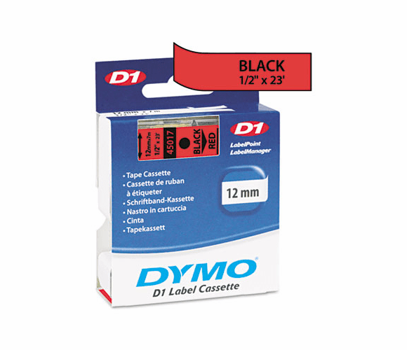 DYM45017 D1 Standard Tape Cartridge for Dymo Label Makers, 1/2in x 23ft, Black on Red By DYMO
