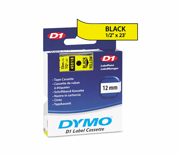 DYM45018 D1 Standard Tape Cartridge for Dymo Label Makers, 1/2in x 23ft, Black on Yellow By DYMO