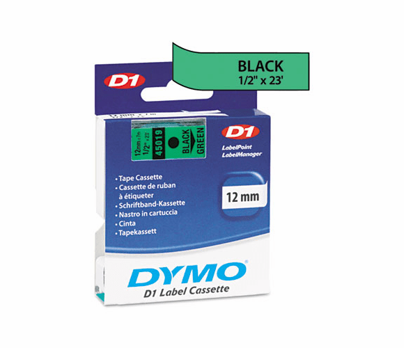 DYM45019 D1 Standard Tape Cartridge for Dymo Label Makers, 1/2in x 23ft, Black on Green By DYMO
