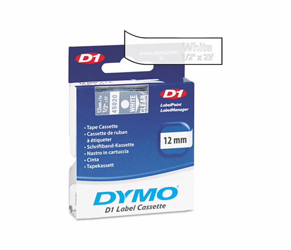DYM45020 D1 Standard Tape Cartridge for Dymo Label Makers, 1/2in x 23ft, White on Clear By DYMO