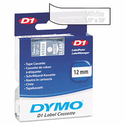 DYM45020 D1 Standard Tape Cartridge for Dymo Label Makers, 1/2in x 23ft, White on Clear By DYMO
