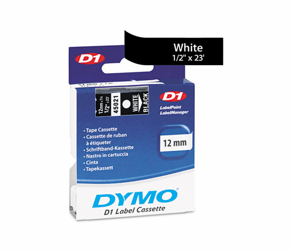 DYM45021 D1 Standard Tape Cartridge for Dymo Label Makers, 1/2in x 23ft, White on Black By DYMO