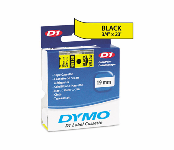 DYM45808 D1 Standard Tape Cartridge for Dymo Label Makers, 3/4in x 23ft, Black on Yellow By DYMO