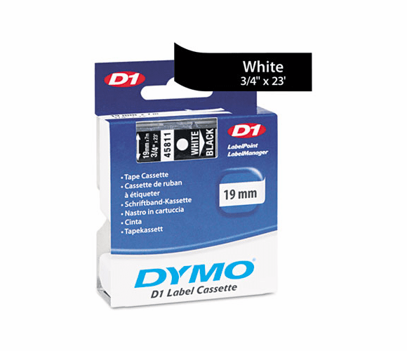 DYM45811 D1 Standard Tape Cartridge for Dymo Label Makers, 3/4in x 23ft, White on Black By DYMO