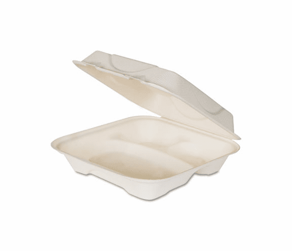 ECOEPHC93 Hot Food Container, Sugarcane Hinged 3-Compartment, 9 x 9 x 3, White, 200/Carton By ECO-PRODUCTS,INC.