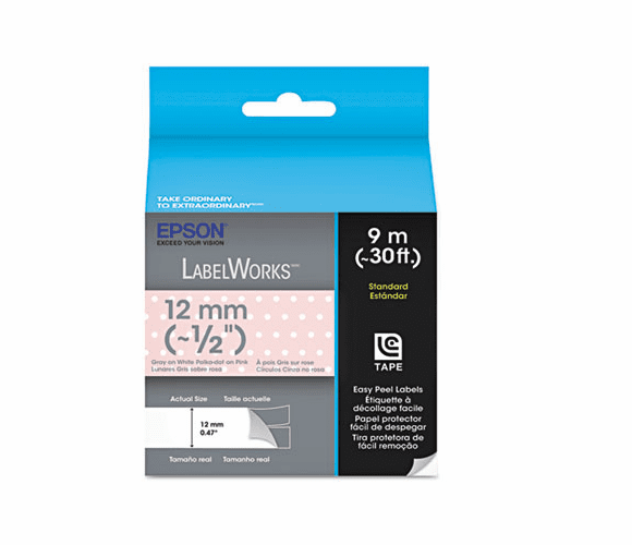 EPSLC4EAY9 LabelWorks Standard LC Tape Cartridge, 1/2", Gray on Pink/White Polka Dot By EPSON AMERICA, INC.