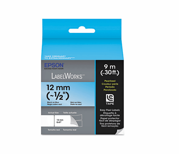 EPSLC4LBL9 LabelWorks Pearlized LC Tape Cartridge, 1/2", Black on Blue By EPSON AMERICA, INC.