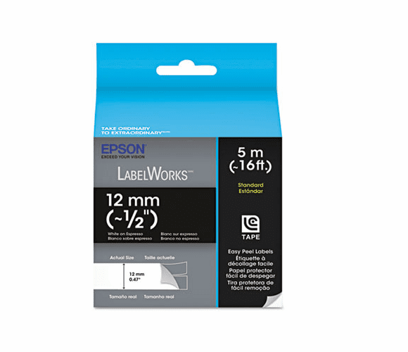 EPSLC4NWT5 LabelWorks Standard LC Tape Cartridge, 1/2", White on Espresso By EPSON AMERICA, INC.