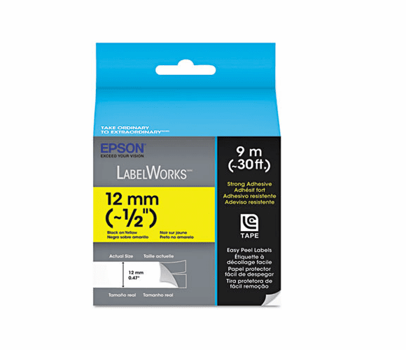 EPSLC4YBW9 LabelWorks Strong Adhesive LC Tape Cartridge, 1/2", Black on Yellow By EPSON AMERICA, INC.